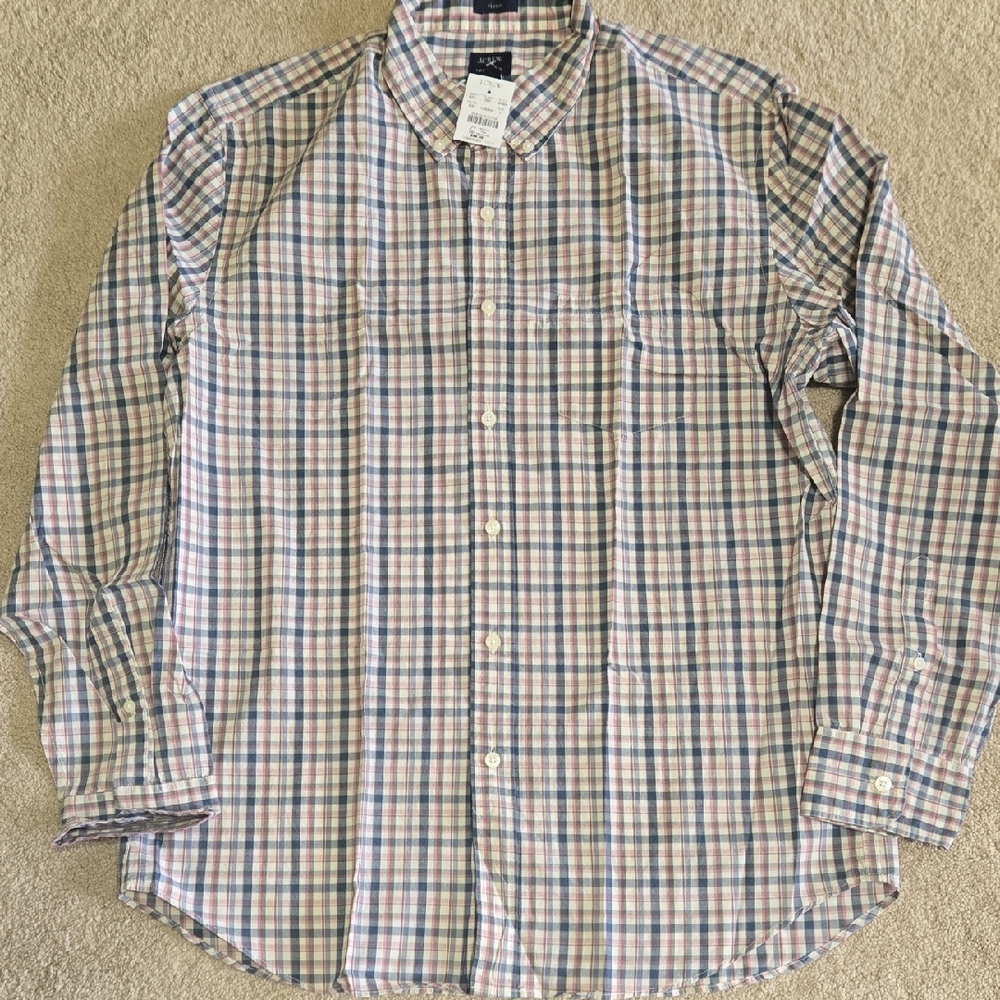 J. Crew Factory Blue and Tan Plaid Button-Down Shirt